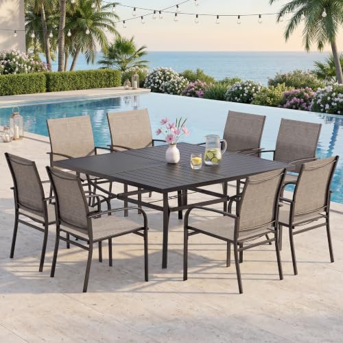 Image of SUNSHINE VALLEY 9pc Patio Dining Set, 57.5 inch Square Table & 8 Brown Chairs