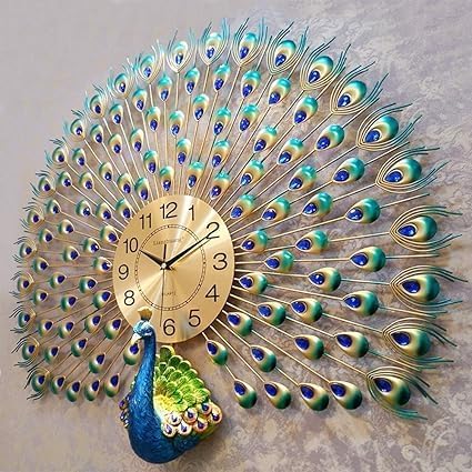 Luxury Metal Peacock Wall Clock,S M Impex Peacock Wall Clock Big Silent Clock for Home Decoration Crystal Luxury Perfect for Living Room, Hotel, Home Decor, Bedroom, Office Clock, Metal, Blue