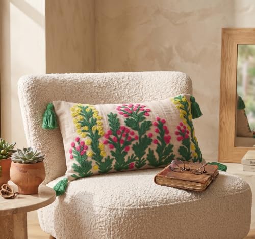 Image of Furnistitchs Boho Rectangle Cushion Cover 12x20 inches | Handmade Decorative Throw Pillow Case | Bohemian Home Decor Sofa Bed Cushion Cover Living Room Bedroom (2, Wildflowers, 12x20 inches)