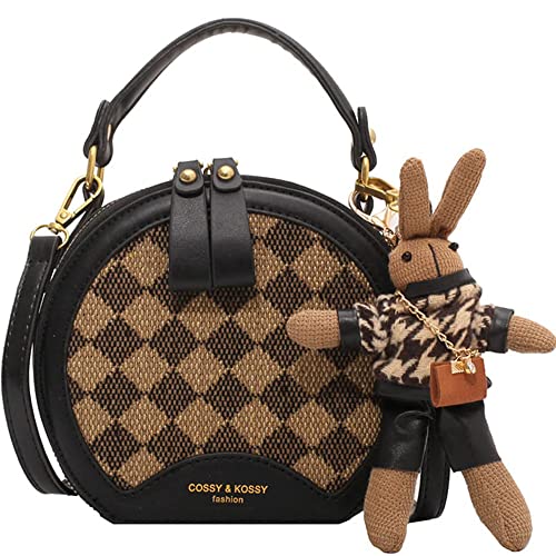 RTGGSEL Bolsa tiracolo de malha acolchoada para mulheres pequena bolsa quadrada bolsa de mão com pingente de boneca de coelho, Redondo, preto, Bolsa de ombro feminina