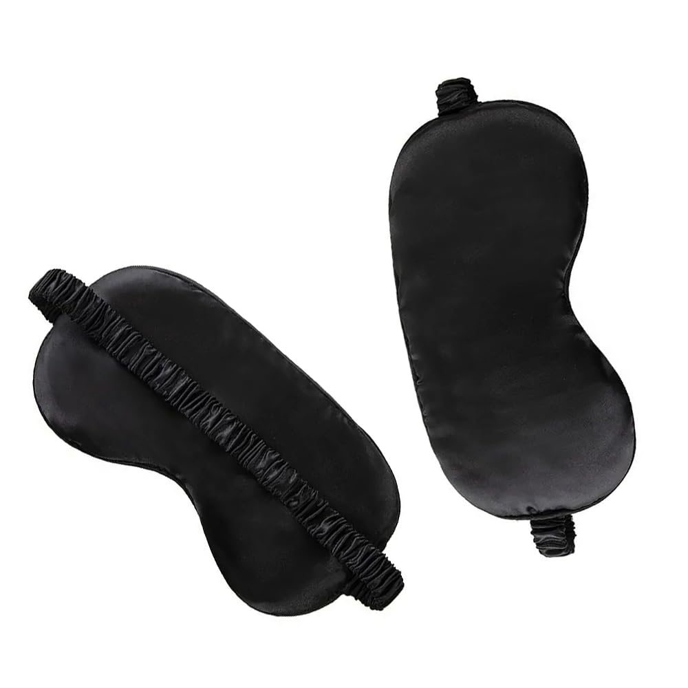 2 Pack Sleeping Mask Soft Silk Satin Travel Blackout Eye Mask with Elasticated Strap/Headband Soft Eye Mask for Nighttime Sleeping, Travelling, Napping (Black & Black)