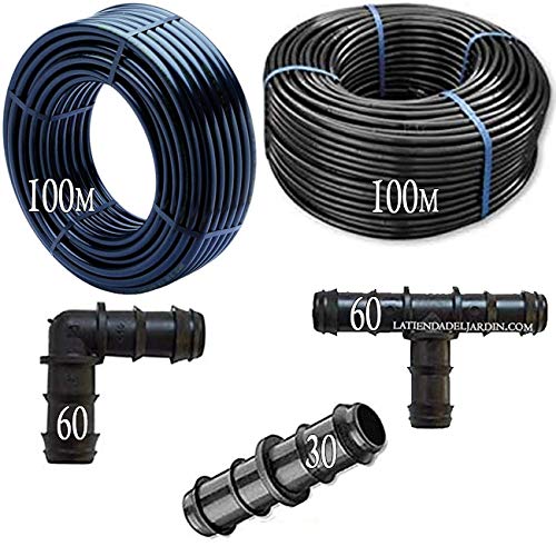 Suinga. PACK RIEGO POR GOTEO: 100 mts Tubo 16mm sin goteros + 100 mts Tubo 16mm con goteros cada 33cm + 60 tes + 60 codos + 30 manguitos