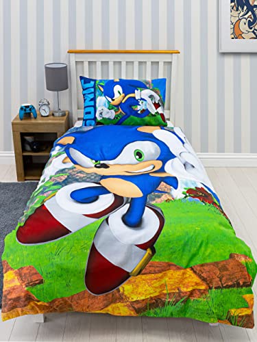 SONIC THE HEDGEHOG Juego de funda de edredón oficial para niños, ropa de cama reversible de 2 caras, incluye funda de almohada a juego, juego de cama individual de Character World Brands, polialgodón