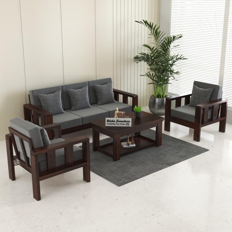 Image of Sheesham Wooden Sofa Set 5 Seater Sofa for Living Room | Solid Wooden 5 Seater Sofa Set 3+1+1 Sofa for Home & Office in Walnut Finish | sheesham wood