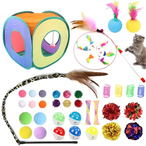 POSAPET 42pcs Interactive Cat Toys Kit - Multi-Activity Kitten Toy Set with Collapsible Tunnel, Feather Wand & Bell, Cat Balls Toys - Indoor Play Enrichment Supplies for Adult Cats & Kittens
