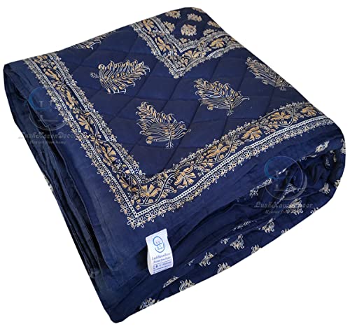 Image of Jaipuri Razai Single Bed Gold Print with Computerized Quilting Use as Soft and Breathable Cotton Comforter Quilt Rajai Blanket Dohar Size 55X85 inch Blue Pack of 1