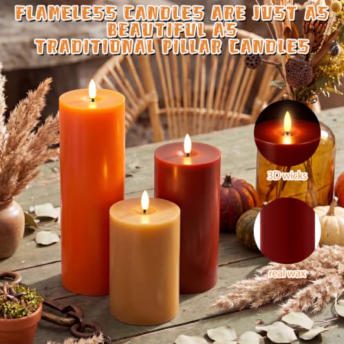 Image of Retisee 3 Pcs 6 /8 /12 Inches Flameless LED Candles with Remote and 2 /4 /8h Timer Wine Red Orange Yellow Battery Operated Wax Flickering Candles for Fall Parties Autumn Thanksgiving Harvest Festival