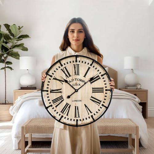 Image of EMAX HOME Rustic Farmhouse Wall Clock 24 Inch, Vintage Oldtown London Wooden Large Clock with Silent Tick, for Bedroom, Office, Kitchen, Indoor Home Decoration