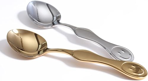 Cuchara de acero inoxidable con cara sonriente de alta calidad, perfecta para sopa, café y té (1 dorado y 1 plata, dos cucharas sonrientes)