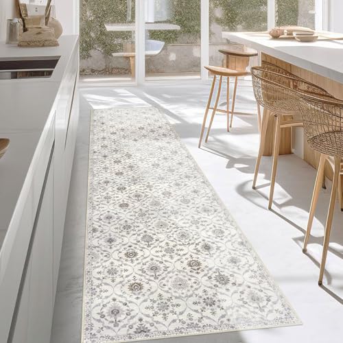 KILOCOCO 2.6x8 Runner Rug, Moroccan Super Soft Washable Hallway Entryway Runner Rug, Accent Print Faux Wool Kitchen Runner 8 Feet Non-Slip Boho Carpet for Bedroom, Cream Beige Grey