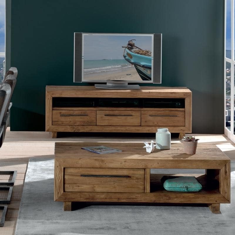 KaYu Meuble Table Basse avec tiroirs Teck Massif rectangulaire 130cm Oregon Casita
