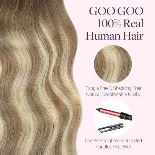 Image of GOO GOO Sew in Hair Extensions Real Human Hair, Micro Beaded Weft Hair Extensions Human Hair, 3 /8 /613 Balayage Walnut Brown to Ash Brown and Bleach Blonde 16 Inch 90g, Natural Volume