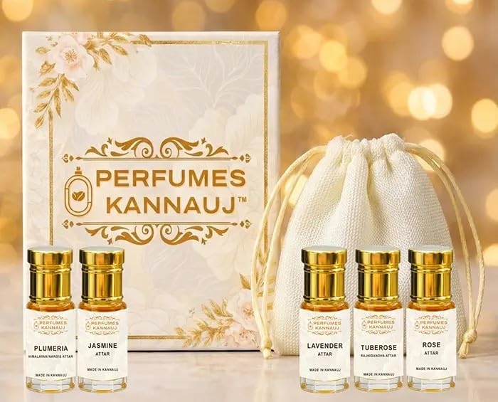 Kannauj Top 5 Natural Flower Attars Combo Pack (Rose, Tuberose, Lavender, Jasmine & Plumeria) | Traditional Deg-Bhapka Distilled | Alcohol-Free Floral Attar