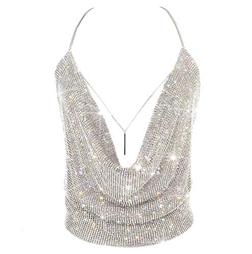 Sexy Sparkly Tops for Women, Deep V Neck Crop Tank Tops Backless Rhinstone Cami Medium