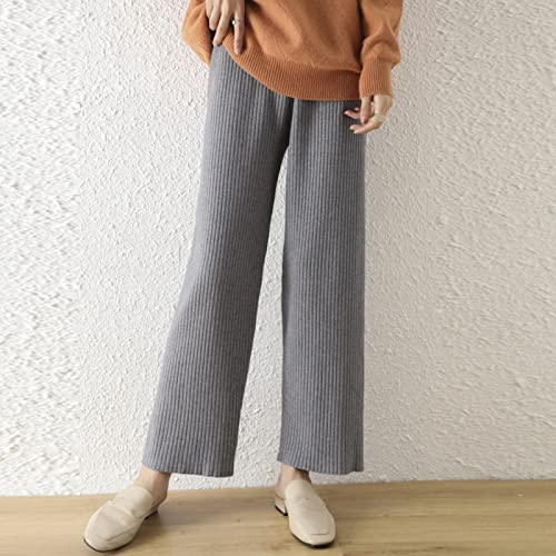 Pantalon large tricoté femme taille haute lâche droit gris M