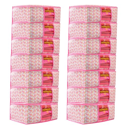 Image of Non-Woven Saree Covers with Zipper & Transparent Window | Clothes Storage Bags for Wardrobe Organization | Dustproof Garment Storage for Sarees, Dresses, and Clothes (Pink, Pack of 14)