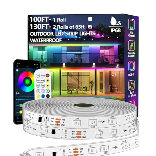 Image of 130FT Outdoor LED Strip Light Waterproof,IP68 Outside RGB+IC Light Strip with App /Remote Control,Chase Mode,Music Sync Light for Balcony,Deck,Rooftop,Garden,Pool