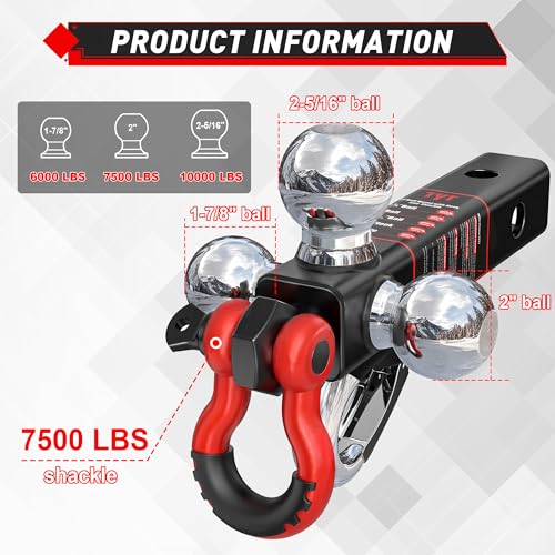 Image of TYT Tri Ball Mount Trailer Hitch ，Fits 2 inch Receiver, Triple Balls (1-7 /8 inch, 2 inch, 2-5 /16 inch) with Tow Hook & Shackle,10,000lbs GTW,1,000 lbs Tongue Weight, Includes Hitch Pin Lock