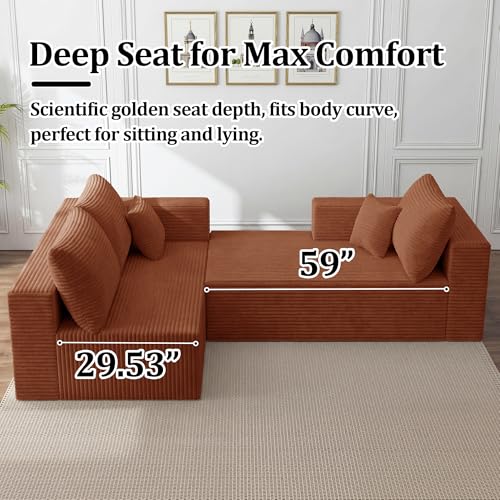 Image of 108 inch Modular Sectional Sofa,L-Shaped Cloud Couch with Deep Seats & Chaise,Convertible 4-in-1 Corduroy Boneless Couches for Living Room,Bedroom,No-Assembly,Brown(Left Facing Chaise)