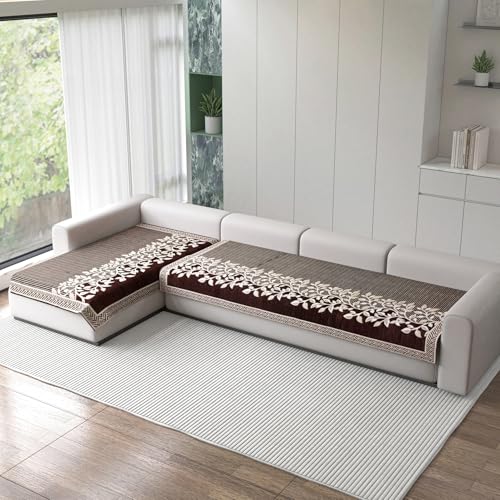 Image of Nendle Superior Velvet Floral Sofa Mat 5 Seater Set Durable Protector for Living Room Mat 3 Seater and 2 Seater, Suitable for L Shape, Sectional and U Shape Sofa (Brown, Pack of 2)