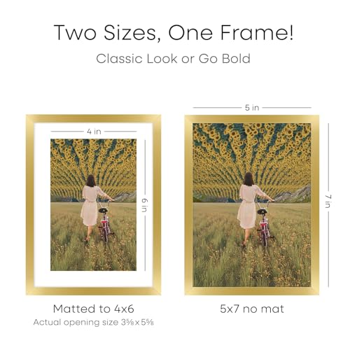 Image of Homeforia 5x7 Gold Picture Frame, High-End Metal, 4x6 Mat, Glass | High End Aluminum, Tempered Glass, Acid-Free 4x6 Removable Mat, 5x7 in Edge-to-Edge Display 7x5, Wall Kit, Set Of 4