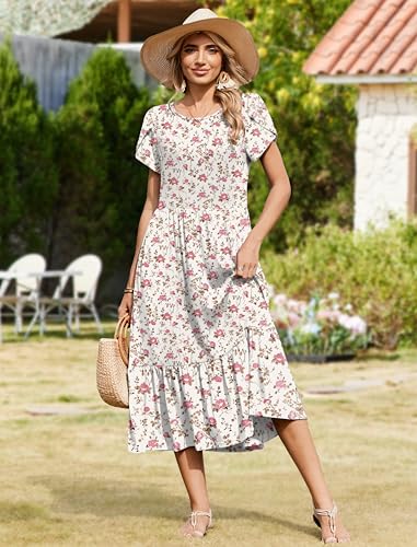 Image of Zeagoo Women Summer Midi A Line Dress Short Sleeve Casual Flowy Tiered Beach Long Sundress with Pockets 2026 Vacation Travel