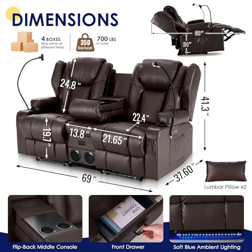 Image of Redlife Power Loveseat Recliner Sofa with Console, PU Leather Dual Reclining Couch with Blue LED Lights, Bluetooth Speakers, USB Ports, Phone Holders, Home Theater & RV Recliner (Brown)