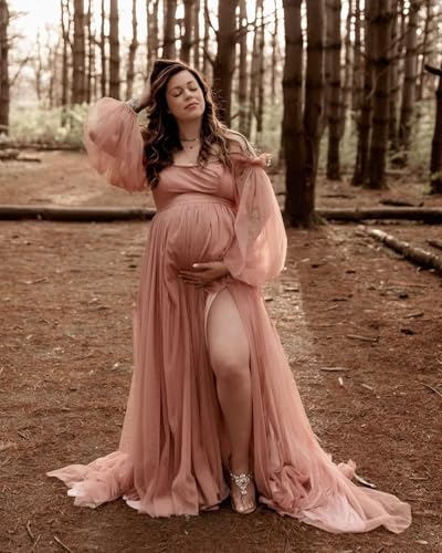 Verngo Tulle Maternity Dress for Photoshoot Long Sleeve Off Shoulder Slit Pregnancy Gown Baby Shower Dresses3