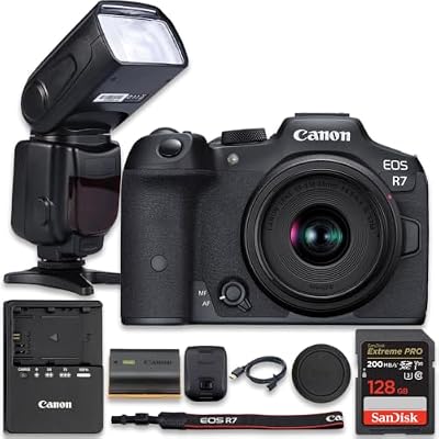 Canon EOS R7 Mirrorless Camera with RF-S 18-45mm f/4.5-6.3 is STM Lens + TTL PRO Flash + SanDisk Extreme PPRO 128GB Memory Card (13pc Bundle)