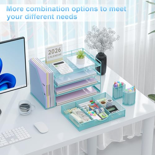 Image of gianotter Desk Organizers and Accessories with File Holder, 4-Tier Desk Accessories & Workspace Organizers with Drawer and 2 Pen Holder, Paper Organizer for Office Supplies (Blue)