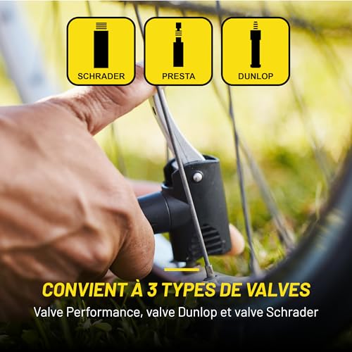 Dunlop Pompe à Vélo avec Double Valve - à Pied pour Vélo avec 2 adapteurs - avec Manomètre - pour Valve Dunlop, Presta et Schrader - 12Bar/ 180 PSI - Plastique - Noir