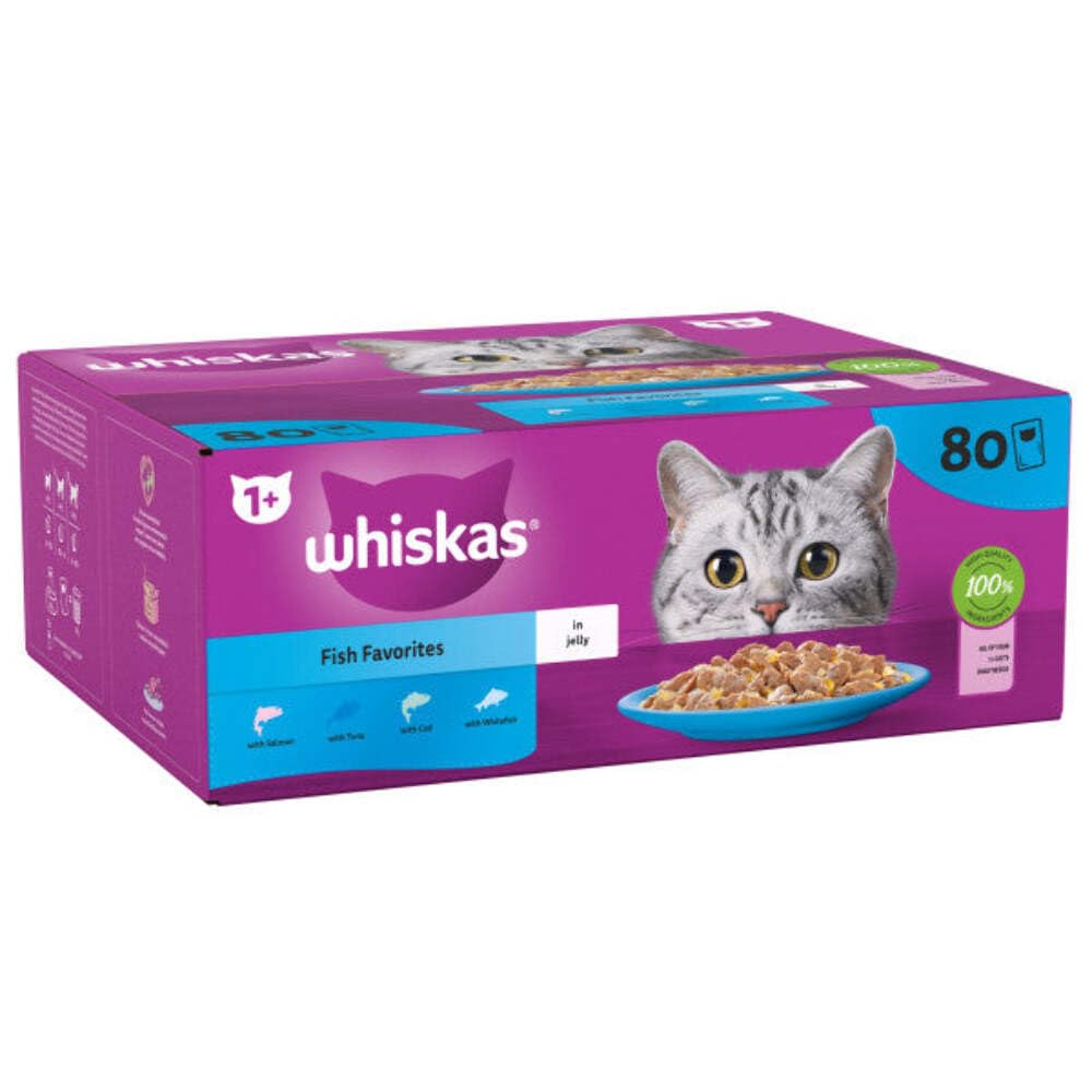 whiskas1+ Fish Favourites Adult Wet Cat Food Pouches in Jelly 80 × 85g Pouches (1+ Fish Favourites)