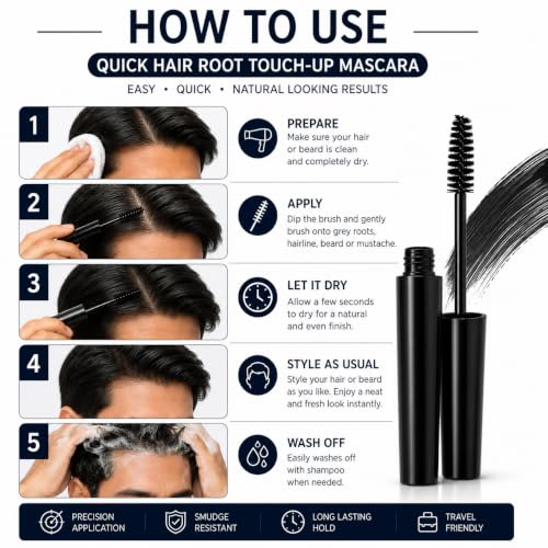 Image of Quick Hair Root Touch-Up Mascara for Grey Hair, Beard & Mustache | Instant Temporary Hair Color | Precision Mascara Brush | Smudge Resistant Formula | Easy Washable Root Cover Up | Black