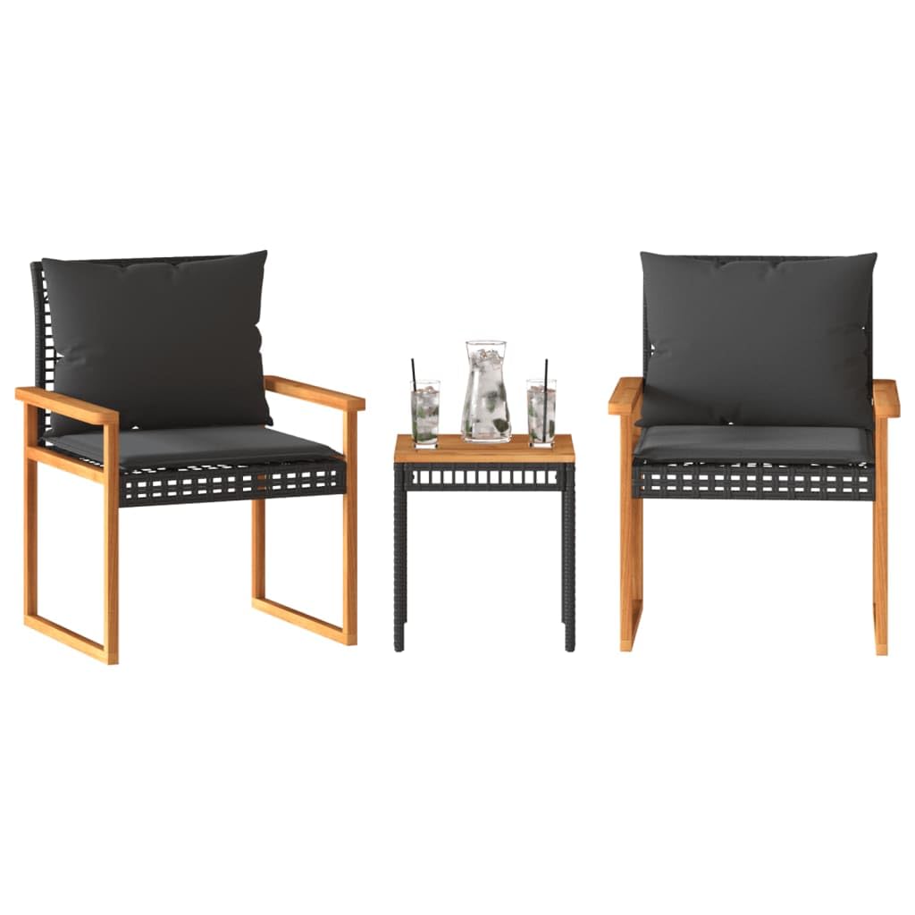 Ensemble de Bistro 3 pcs et Coussins Noir résine tressée Acacia,Ensemble Bar De Jardin,Ensemble De Bar D'Extérieur,Mobilier De Jardin