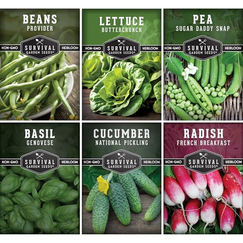Survival Garden Seeds Kids' Easy Garden Collection - Cucumber, Radish, Beans, Peas, Lettuce, Basil Non-GMO Open Pollinated Seeds for Growing on The Homestead or in The Vegetable Garden