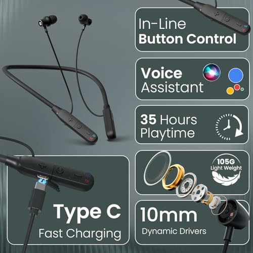 Image of Portronics Harmonics Z13 in Ear Bluetooth Neckband with Upto 35 Hours Playtime, HD Mic, Dual Pairing, Gaming Mode, Low Latency, Bluetooth Version 6.0V, Type C Fast Charging(Black)