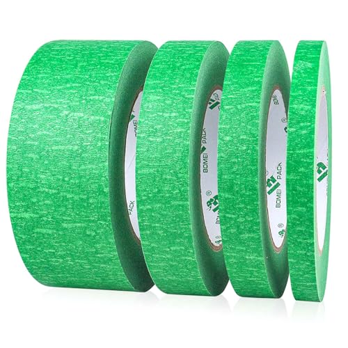 BOMEI PACK 4 Pack Cinta de Pintor Verde, 12mm /18mm /24mm /48mm x 60yds, Cinta de Enmascarar para Pintar, DIY Crafting, Decoración