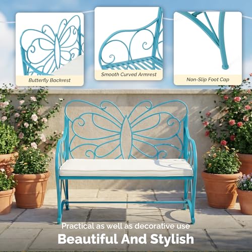 Image of VINGLI 38.7in Cast Iron Outdoor Bench with Cushion, All Weather Resistant Metal Bench with Curved Armrests and Butterfly Pattern Backrest, 1-2 Person Patio Bench for Garden Porch Park Yard (Blue