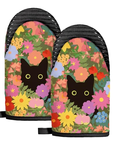 Slohif Cat Mini Oven Mitts Set – Black Extended Short Animal Heat Resistant Kitchen Gloves For Women, 100% Cotton Oven Mitts With Silicone Grips, Non-Slip And Thick Durable For Cooking & Baking