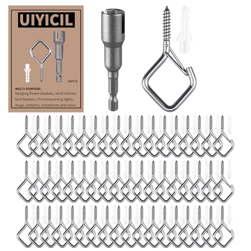 Uiyicil 304 Stainless Steel Eye Screw Hooks for Hanging Heavy Duty, Ceiling Hooks for Hanging Plants & Outdoor String Lights, Screw in Hooks for Indoor Outdoor Decor (304 Stainless Steel, 34 Pcs)