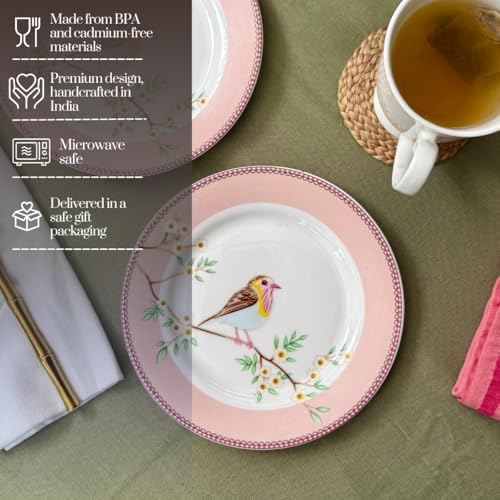 Image of GOLDEN QUEEN'S Snack Plates Set of 4 | Perfect for Snacks, Desserts, Appetizers, Salads, Tapas, Cheese | 7 inches Wide | Microwave Safe (Birdie in Pink)