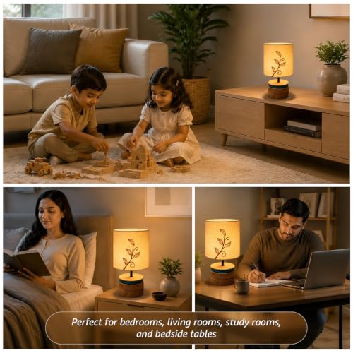 Image of Amazon Basics Kashida Floral Table Lamp | Wooden Base with Embroidered Floral Fabric Shade | E14 Holder | Decorative Night Lamp for Bedroom, Living Room & Study Room | Home Decor Gift
