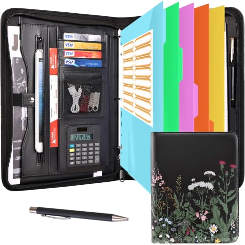 Image of Eshow padfolio Portfolio Binder - 3 Ring Binder with Zipper, Vegan Leather | Includes 5 Colorful Sheet Protectors for Documents & Diles, 1 Pen, and 1 A4 Notepad, Designed for Women and Men