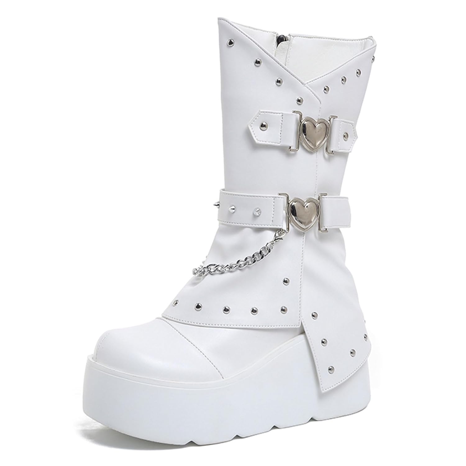 Womens Goth Chunky Platform Rivet Mid-Calf Boots With Metal Chain Comfort Round Toe Side Zip Double Belt Buckle