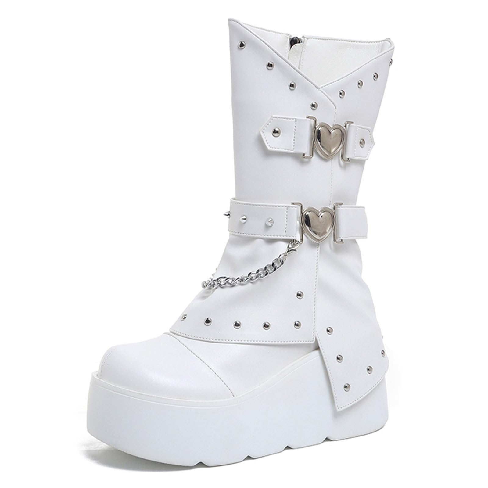 Womens Goth Chunky Platform Rivet Mid-Calf Boots With Metal Chain Comfort Round Toe Side Zip Double Belt Buckle