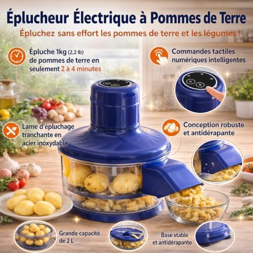 Eplucheur Pomme de Terre,éPlucheur de Pommes de Terre éLectrique Rechargeable Automatique à Un Bouton avec Lame en Acier Inoxydable pour Pommes de Terre, Carottes, Ail