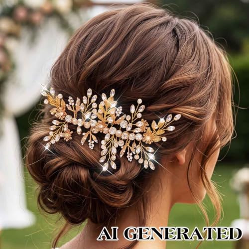 Image of Evild Rhinestone Wedding Hair Comb Leaf Bead Bride Headpieces Hair Clip Crystal Bridal Headdress Flower Wedding Hair Accessories for Brides and Bridesmaids (Gold)