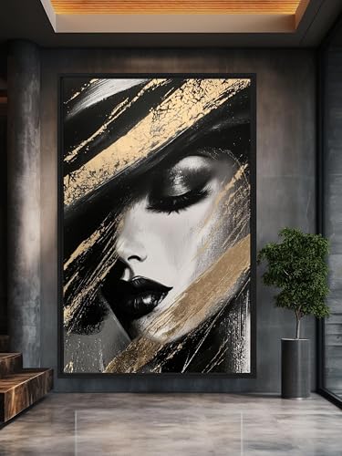 TONGYINLI Cuadro decorativo de pared con retrato de mujer en negro y dorado, lienzo con estampado de moda para sala de estar, pósteres de decoración de pared para el hogar (80x120cm/sin marco)