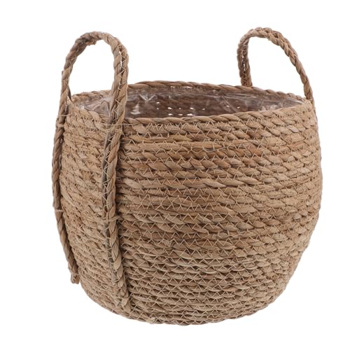 SHINEOFI Cesta Tejida a Mano de Algas Marinas con Asas para Plantas Pequeñas, Maceta Decorativa Transpirable y Portátil Adecuado para Interiores, Balcones y Oficinas, Cesta de Flores