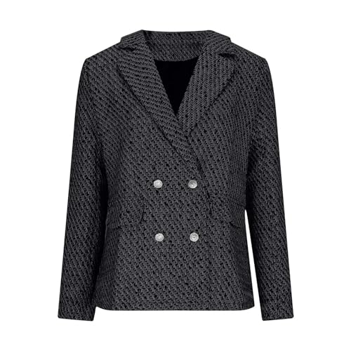 Tweed Blazer Jackets for Womens Notch Lapel Long Sleeve Open Front Coat Double Breasted Casual Cardigan with Pockets3